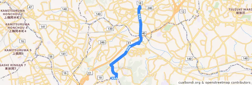 Mapa del recorrido 65系統(若葉台車庫前→青葉台駅) de la línea  en 緑区.