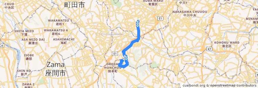 Mapa del recorrido 65系統(青葉台駅→地区公園→若葉台中央) de la línea  en Yokohama.