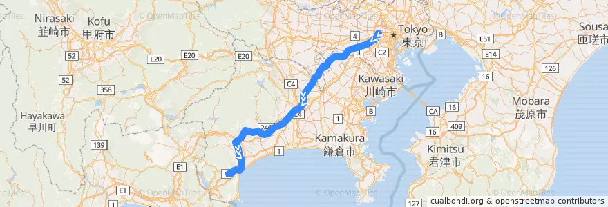 Mapa del recorrido スーパーはこね de la línea  en ژاپن.