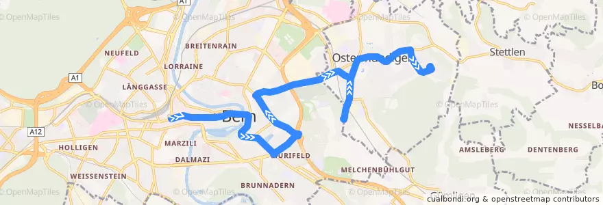 Mapa del recorrido Bus Linie M3: Bern => Ostring => Ostermundigen de la línea  en Verwaltungsregion Bern-Mittelland.