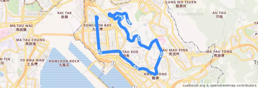 Mapa del recorrido Bus 28B (Choi Fook - Kai Yip) de la línea  en 觀塘區 Kwun Tong District.