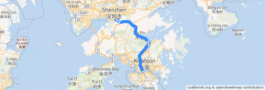 Mapa del recorrido 東鐵綫 East Rail Line (落馬洲 Lok Ma Chau → 紅磡 Hung Hom) de la línea  en Hongkong.