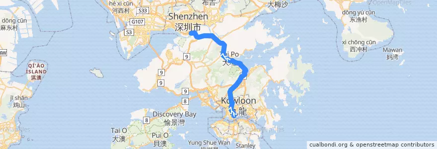 Mapa del recorrido 東鐵綫 East Rail Line (紅磡 Hung Hom → 落馬洲 Lok Ma Chau) de la línea  en Hongkong.