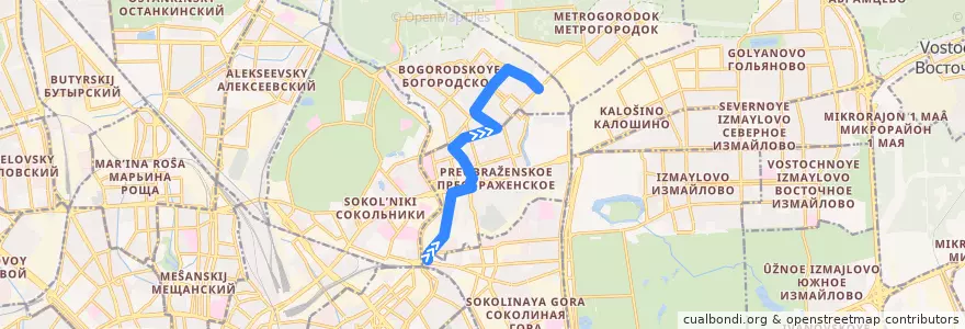 Mapa del recorrido Автобус №86к: Электрозаводский мост - метро "Бульвар Рокоссовского" de la línea  en Östlicher Verwaltungsbezirk.
