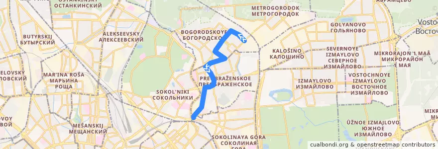 Mapa del recorrido Автобус №86к: метро "Бульвар Рокоссовского" - Электрозаводский мост de la línea  en Östlicher Verwaltungsbezirk.