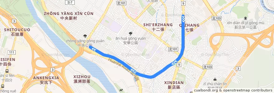 Mapa del recorrido 台北捷運小碧潭支線(順向) de la línea  en Xindian.