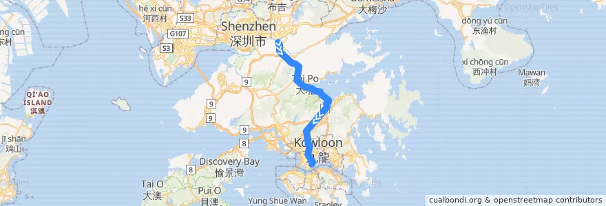 Mapa del recorrido 東鐵綫 East Rail Line (羅湖 Lo Wu → 紅磡 Hung Hom (經馬場 via Racecourse)) de la línea  en 新界 New Territories.