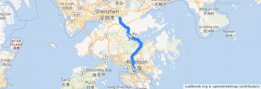 Mapa del recorrido 東鐵綫 East Rail Line (紅磡 Hung Hom → 羅湖 Lo Wu (經馬場 via Racecourse)) de la línea  en Nuovi Territori.