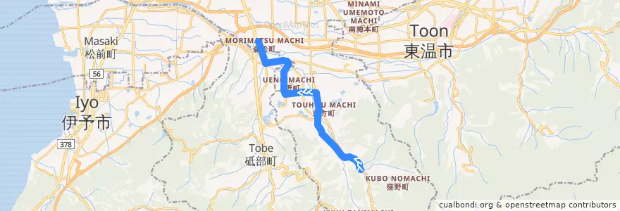 Mapa del recorrido 丹波線 (丹波 - 東方 - 県生涯学習センター前 - 広瀬 - 森松) de la línea  en Ehime Prefecture.