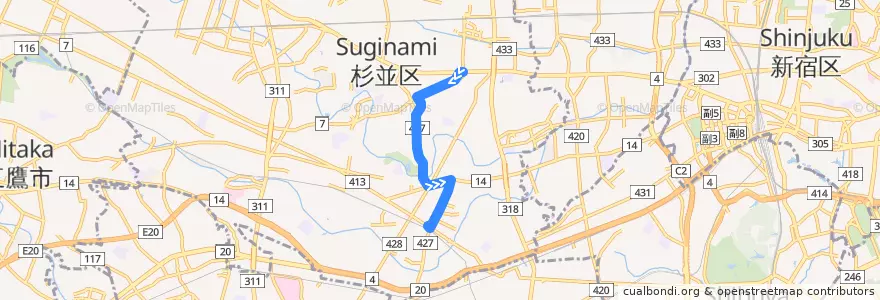 Mapa del recorrido 松ノ木線 de la línea  en 杉並区.