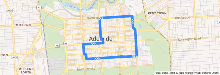 Mapa del recorrido 99A - City anti-clockwise loop via Town Hall, Rundle Mall, State Library & Museums, Royal Adelaide Hospital and Adelaide Central Market de la línea  en Adelaide City Council.
