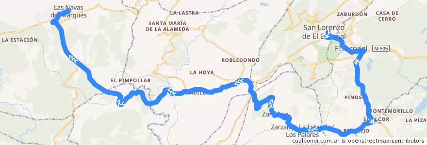 Mapa del recorrido Bus 666: San Lorenzo de El Escorial → Zarzalejo → Las Navas del Marqués de la línea  en Communauté de Madrid.