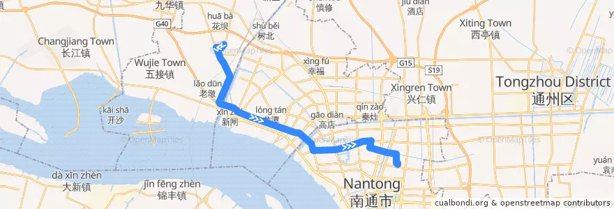 Mapa del recorrido 10路: 平潮·肿瘤医院 => 东站公交回车场 de la línea  en 南通市.