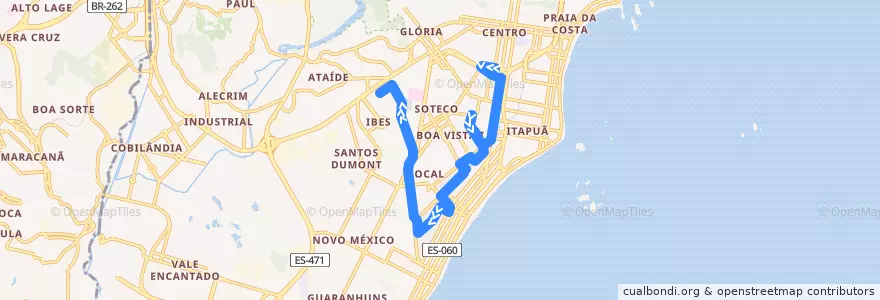 Mapa del recorrido 606 Terminal Vila Velha/Terminal Ibes via Coqueiral de Itaparica/Santa Inês de la línea  en Vila Velha.