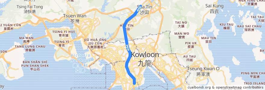 Mapa del recorrido 東鐵綫 East Rail Line (沙田 Sha Tin → 紅磡 Hung Hom) de la línea  en 新界.