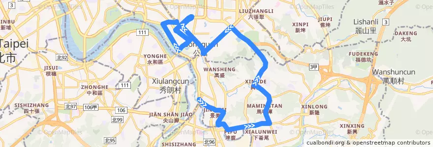 Mapa del recorrido 臺北市 棕12 景美-客家文化主題公園 (往程) de la línea  en Taipei.