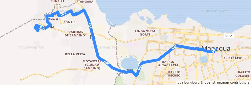 Mapa del recorrido Ruta 113: Mercado Oriental -> Ciudad Sandino (Trinidad) de la línea  en Departamento de Managua.