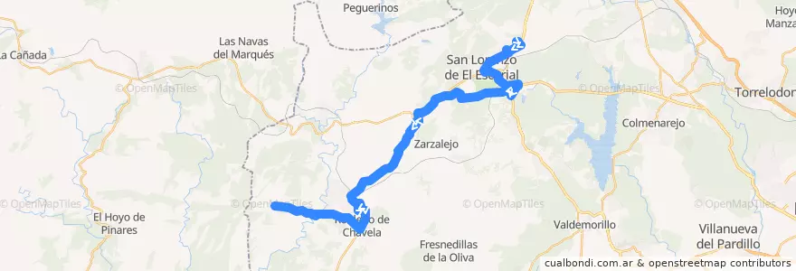 Mapa del recorrido Bus 640: San Lorenzo de El Escorial → Robledo Chavela → Valdemaqueda de la línea  en Мадрид.