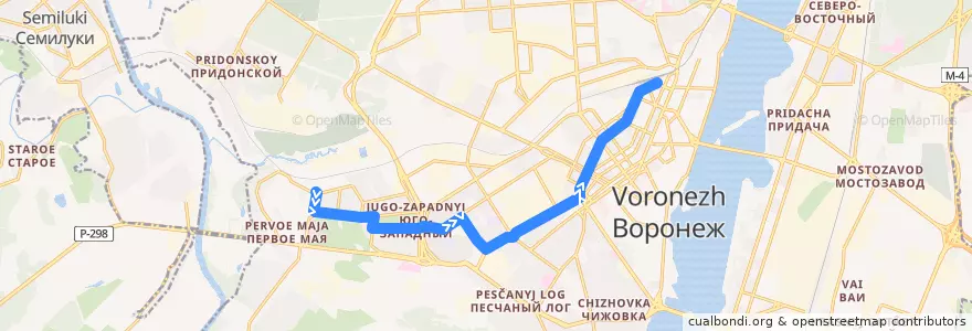 Mapa del recorrido Автобус №20Б: Перхоровича - Ж/д вокзал Воронеж-1 de la línea  en городской округ Воронеж.