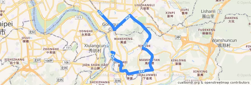 Mapa del recorrido 臺北市 棕12 景美-客家文化主題公園 (返程) de la línea  en Taipéi.