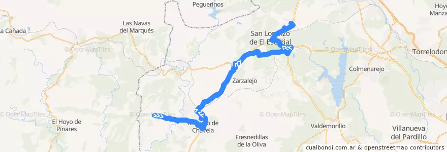 Mapa del recorrido Bus 640: Valdemaqueda → Robledo Chavela → San Lorenzo de El Escorial de la línea  en Comunidade de Madrid.