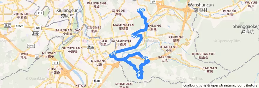 Mapa del recorrido 臺北市 小11 萬芳社區-大春山莊 (往程) de la línea  en 文山區.