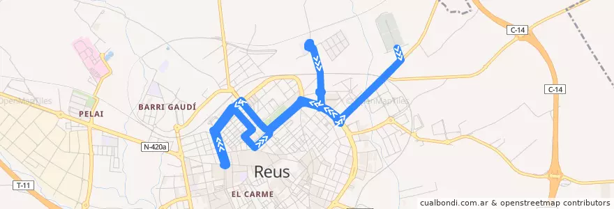 Mapa del recorrido L32 Oques - Cementiri de la línea  en Reus.