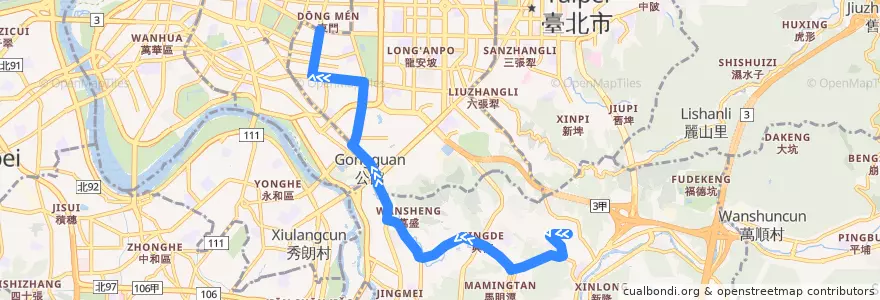 Mapa del recorrido 臺北市 0南 萬芳社區-捷運東門站 (往程) de la línea  en 臺北市.