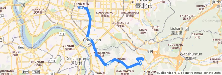 Mapa del recorrido 臺北市 0南 萬芳社區-捷運東門站 (返程) de la línea  en 臺北市.