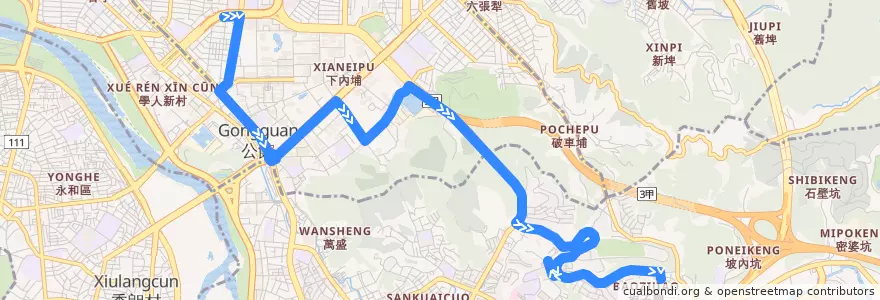 Mapa del recorrido 臺北市 綠11 萬芳社區-台電大樓 繞駛公訓正門 (返程) de la línea  en Taipei.