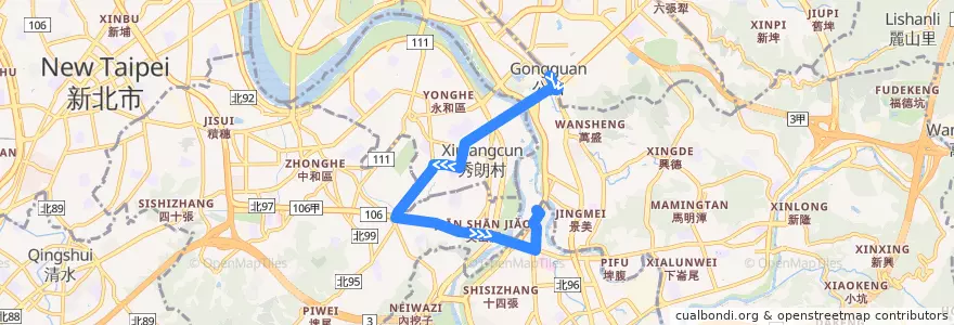 Mapa del recorrido 臺北市 254區 大鵬新村-捷運公館站 (返程) de la línea  en Nuevo Taipéi.