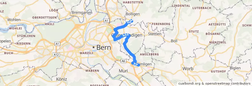 Mapa del recorrido Bus 44: Bolligen, Bahnhof => Gümligen, Bahnhof de la línea  en Verwaltungsregion Bern-Mittelland.