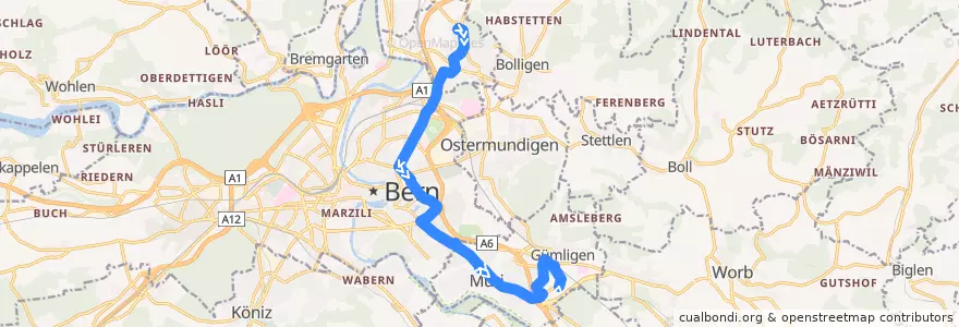 Mapa del recorrido Bus 40: Ittigen, Kappelisacker => Gümligen, Sonnenfeld de la línea  en Verwaltungsregion Bern-Mittelland.