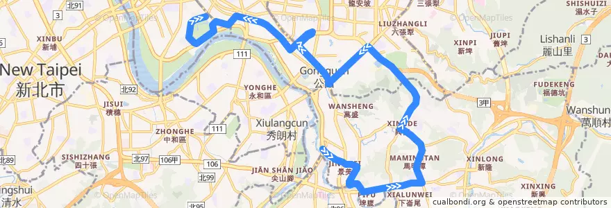 Mapa del recorrido 臺北市 棕22 景美-青年公園 (往程) de la línea  en Taipéi.