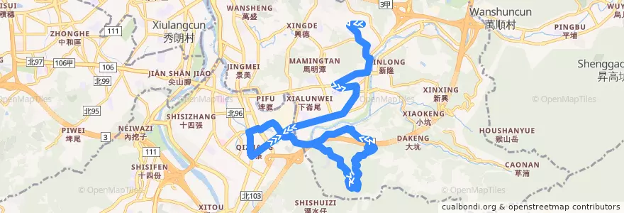 Mapa del recorrido 臺北市 小11 萬芳社區-大春山莊 繞駛捷運七張站 (往程) de la línea  en Wenshan District.