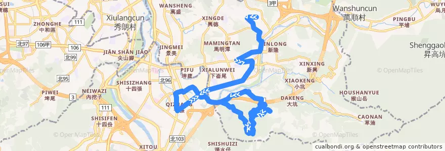 Mapa del recorrido 臺北市 小11 萬芳社區-大春山莊 繞駛捷運七張站、救千宮 (往程) de la línea  en Wenshan.