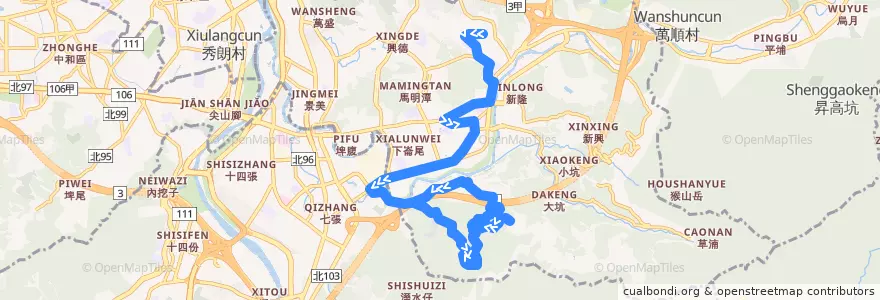 Mapa del recorrido 臺北市 小11 萬芳社區-大春山莊 繞駛救千宮 (往程) de la línea  en District de Wenshan.