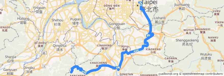 Mapa del recorrido 臺北市 綠1 (G1) 捷運市政府站-捷運新店站 經安康路 (返程) de la línea  en تايبيه الجديدة.