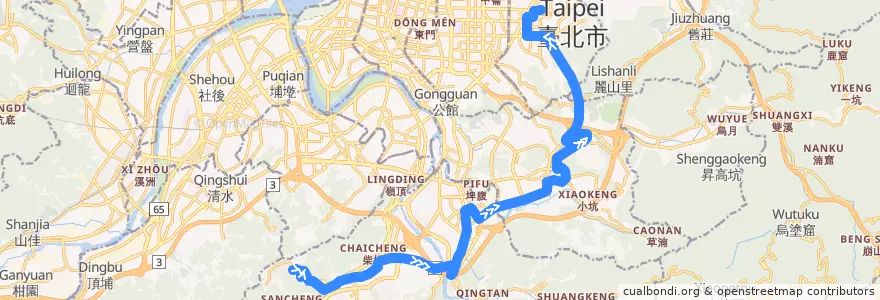 Mapa del recorrido 臺北市 綠1 (G1) 捷運新店站-捷運市政府站 經安康路(去程) de la línea  en New Taipei.
