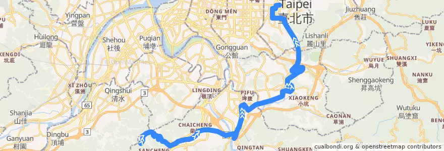 Mapa del recorrido 臺北市 綠1 (G1) 捷運新店站-捷運市政府站 繞駛綠野香坡經安康路(去程) de la línea  en Nouveau Taipei.