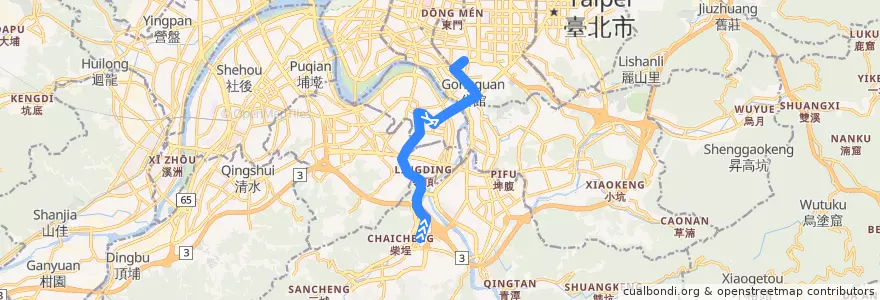 Mapa del recorrido 臺北市 208區 中和-公館 (往程) de la línea  en 新北市.