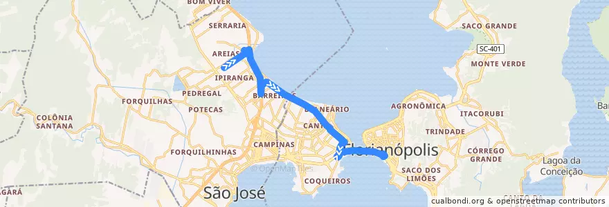 Mapa del recorrido Ônibus 10200: Bairro São Pedro (via Estreito), Bairro => TICEN de la línea  en Microrregião de Florianópolis.