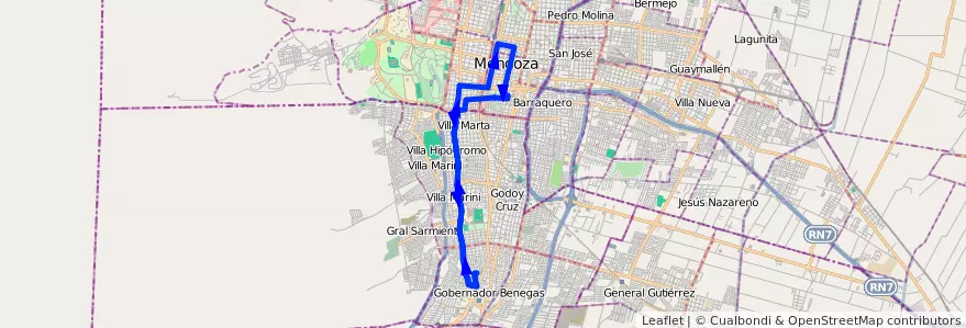 Mapa del recorrido 44 - Expreso Trapiche por Paso de los Andes de la línea G04 en Мендоса.