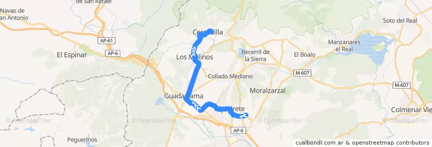 Mapa del recorrido Bus 680: Collado Villalba (Hospital) → Cercedilla de la línea  en Cuenca del Guadarrama.
