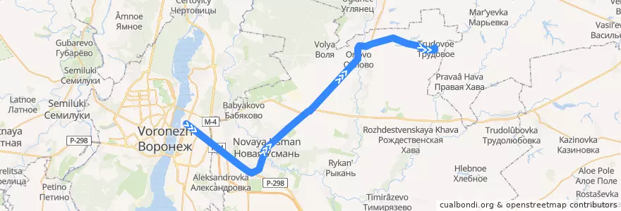 Mapa del recorrido Автобус №113: Воронеж - Трудовое de la línea  en Новоусманский район.