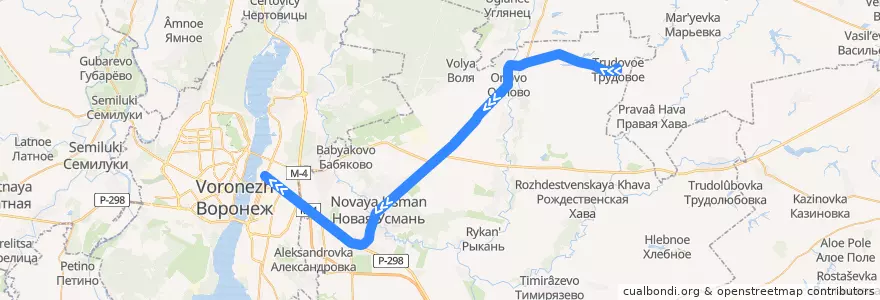 Mapa del recorrido Автобус №113: Трудовое - Воронеж de la línea  en Новоусманский район.