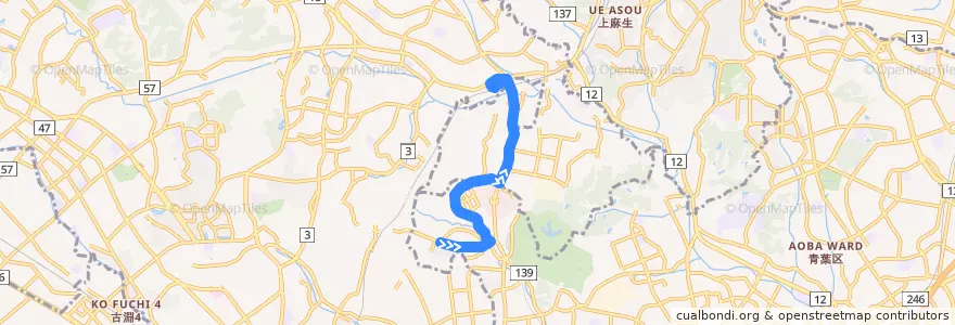 Mapa del recorrido 奈良北緑山線 de la línea  en Kanagawa Prefecture.