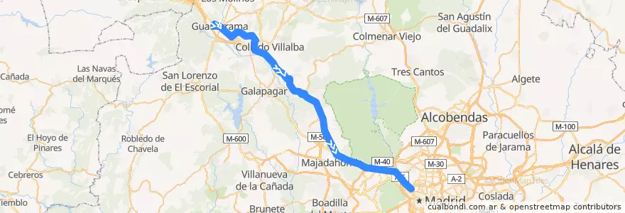 Mapa del recorrido Bus 682 N: Guadarrama → Villalba → Madrid (Moncloa) de la línea  en Мадрид.