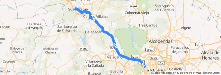 Mapa del recorrido Bus 682 N: Madrid (Moncloa) → Villalba → Guadarrama de la línea  en منطقة مدريد.