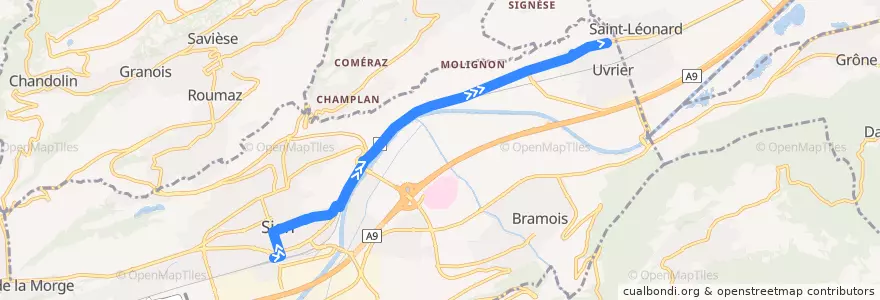 Mapa del recorrido Trajet de bus Sion - Uvrier - Sierre de la línea  en Sion.